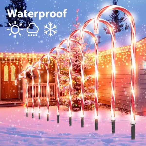 10 PCs Set Solar Candy Cane Stakes Lights for Christmas Outdoor Decor