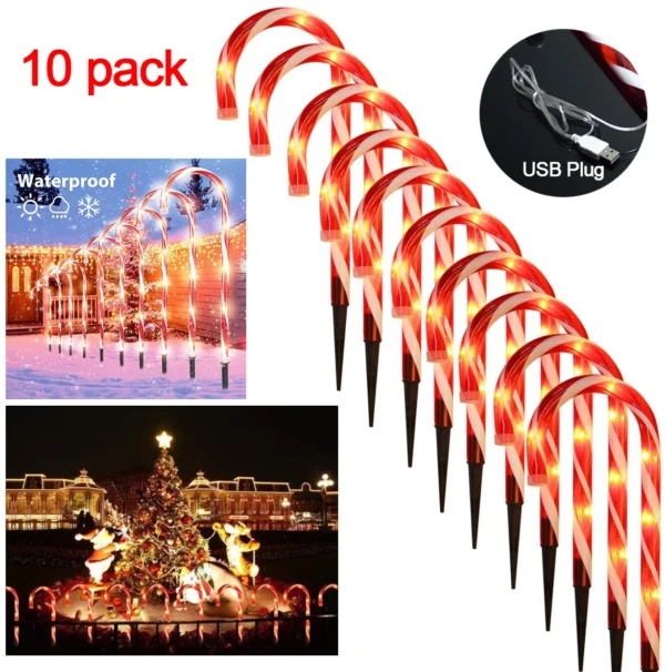 10 PCs Set Solar Candy Cane Stakes Lights for Christmas Outdoor Decor - Image 3