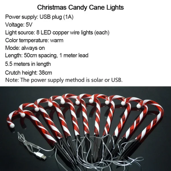10 PCs Set Solar Candy Cane Stakes Lights for Christmas Outdoor Decor - Image 4