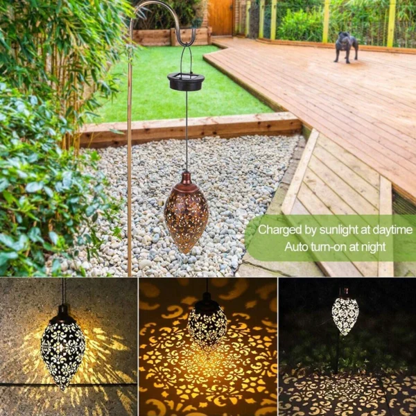 Outdoor Solar Chandelier | Solar Pendant Light with Metal Carvings - Image 3