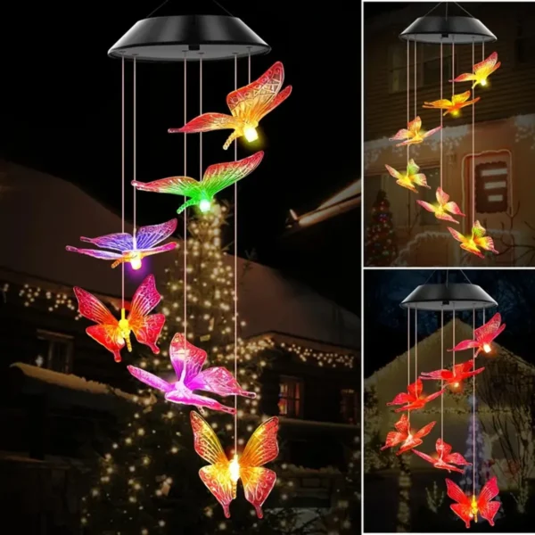 Purple Butterfly Solar Wind Chimes - Color Changing Outdoor Decor