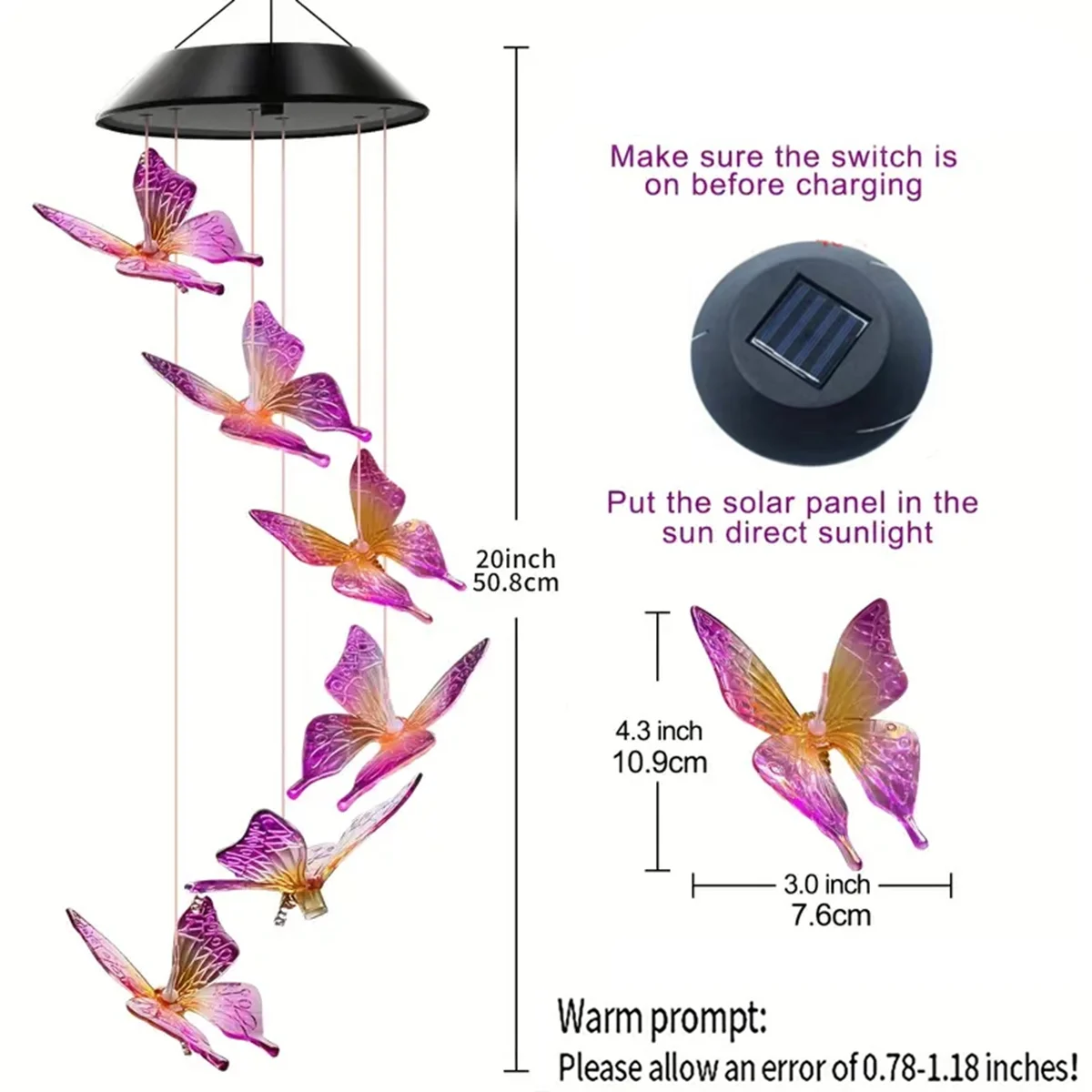 Purple Butterfly Solar Wind Chimes - Color Changing Outdoor Decor - Image 3