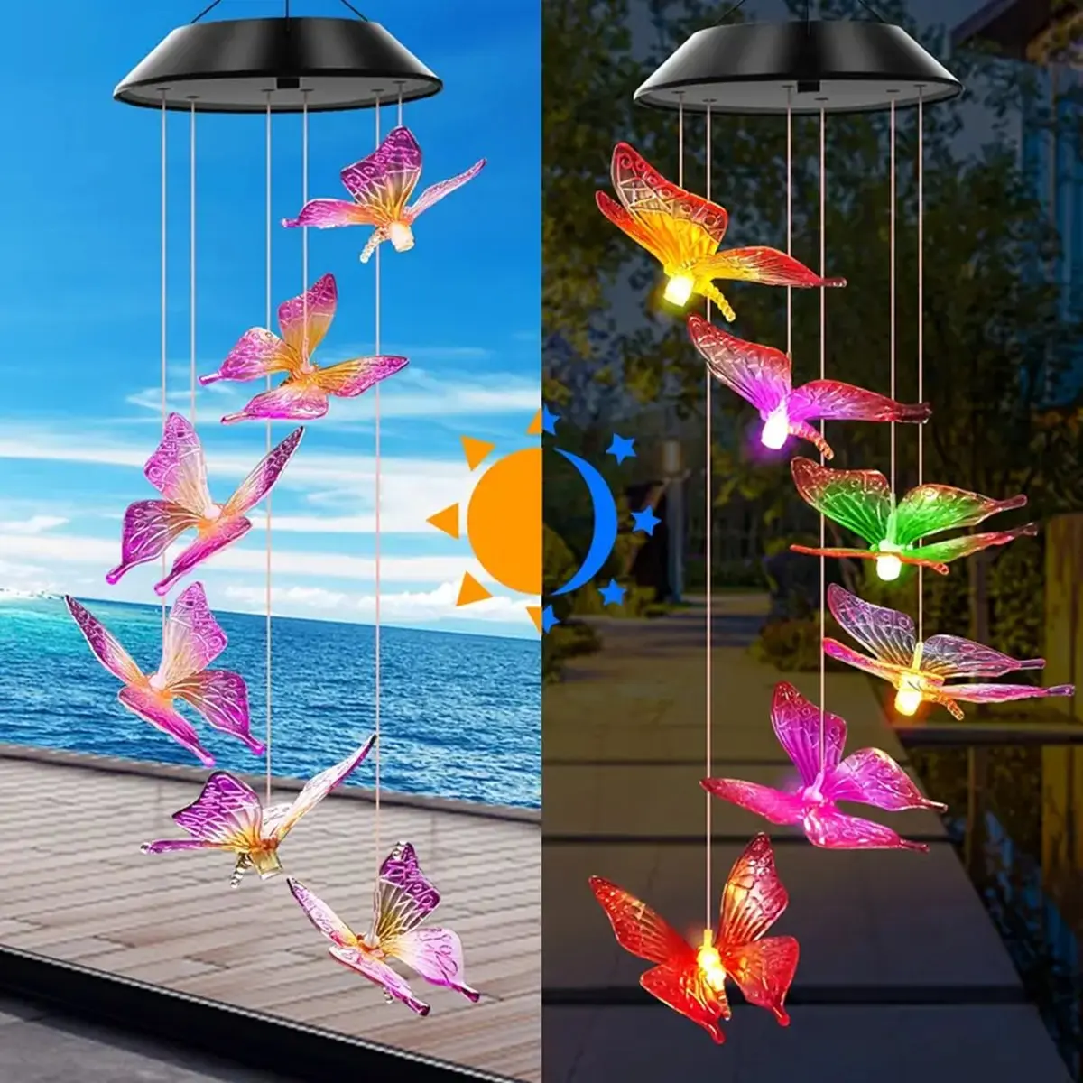 Purple Butterfly Solar Wind Chimes - Color Changing Outdoor Decor - Image 2