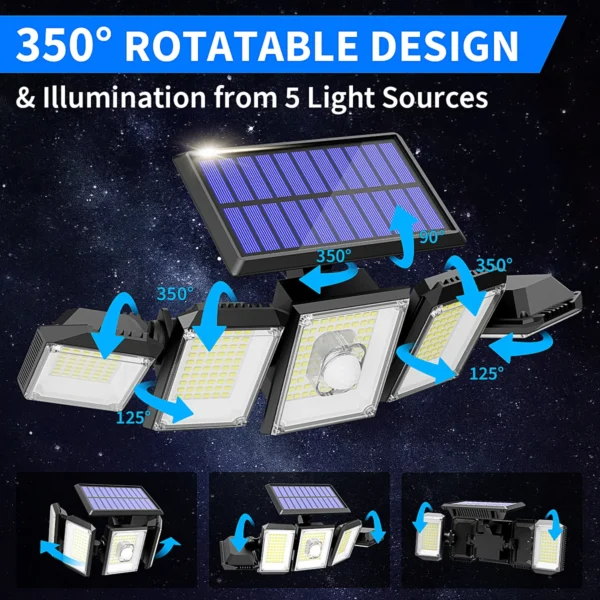 5 Heads Solar Outdoor Wall Lights | 300 LEDs Motion Sensor Lamp - Image 3