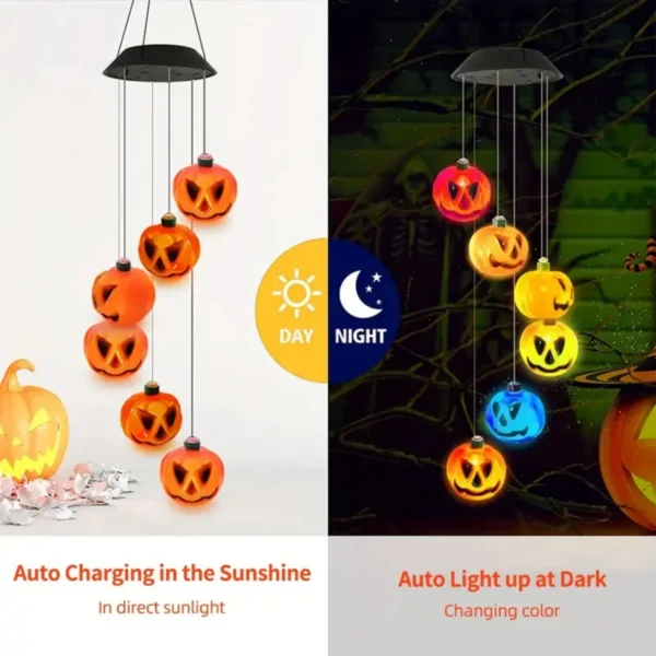 Halloween Solar Wind Chimes with 6 LED Pumpkin Lights - Waterproof - Image 3