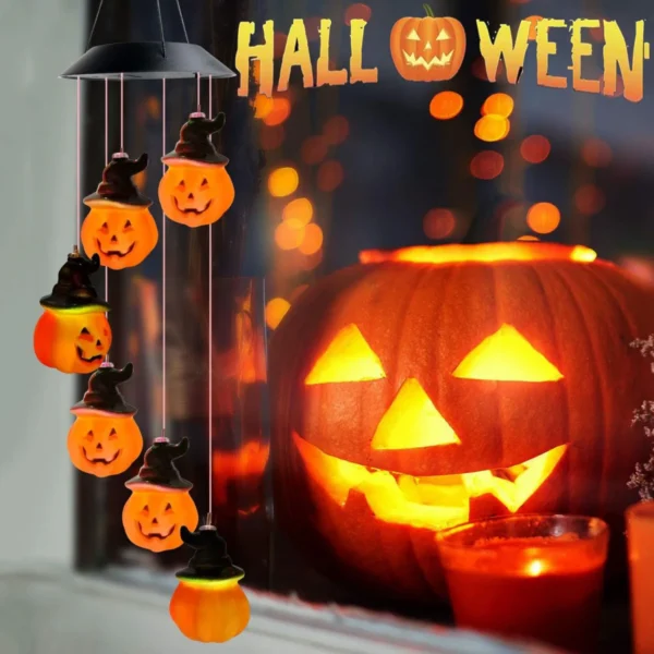 Halloween Solar Wind Chimes with 6 LED Pumpkin Lights - Waterproof - Image 2