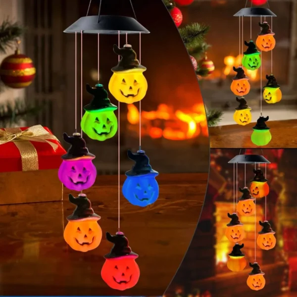 Halloween Solar Wind Chimes with 6 LED Pumpkin Lights - Waterproof - Image 6
