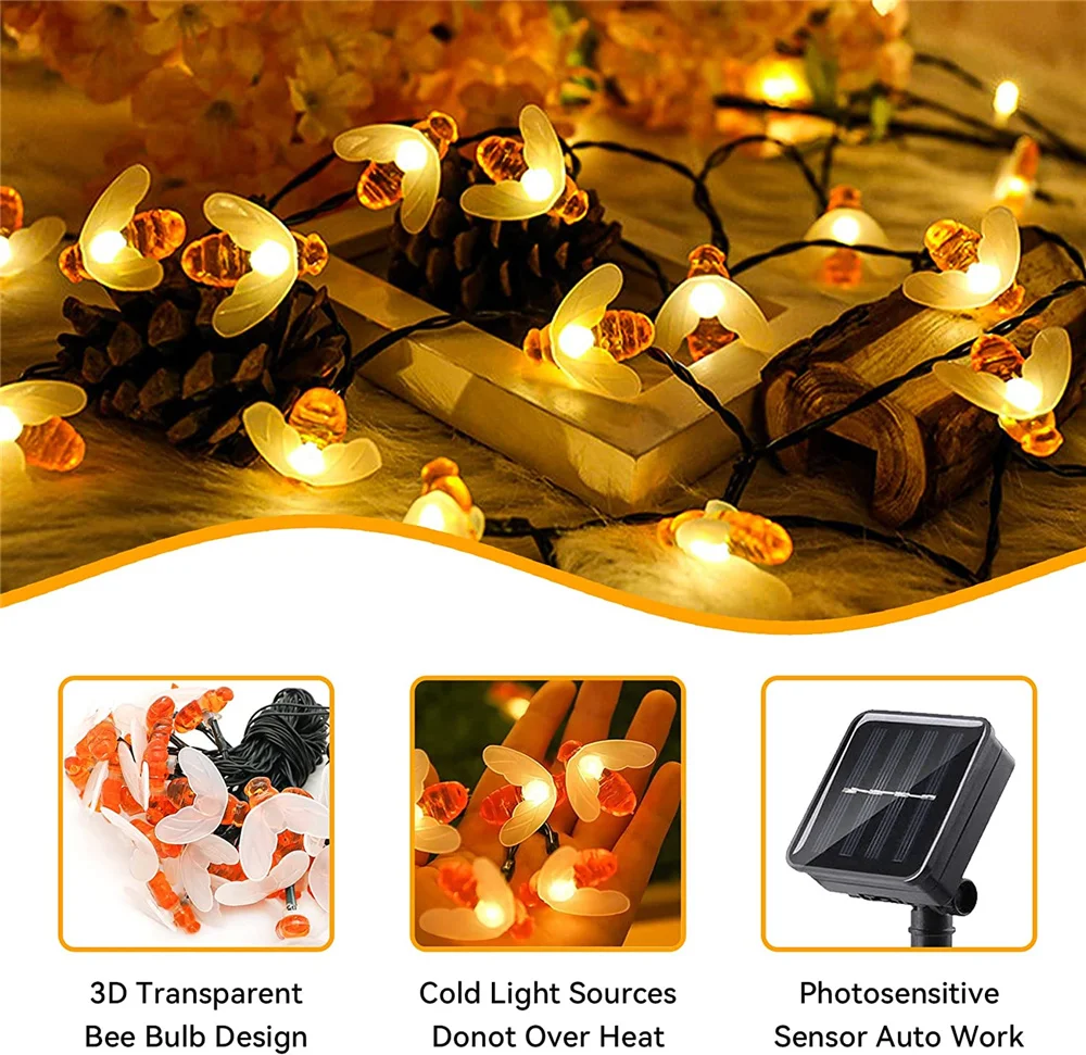Solar String Light 20 LED Cute Bee Fairy Light for Outdoor Decor - Image 5